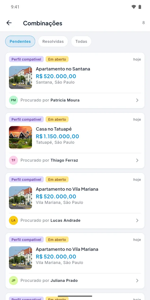 Tela Combinações do app PROHive