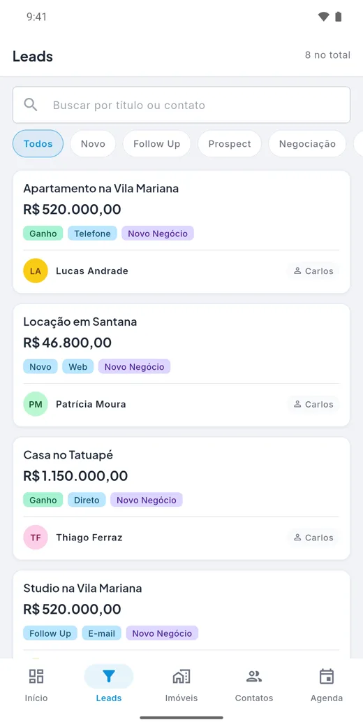 Tela Leads do app PROHive
